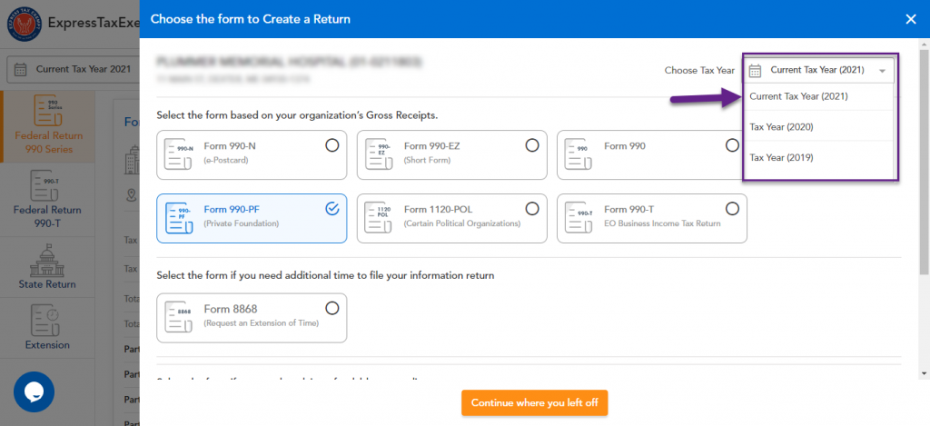 Choose Tax Year to file Form 990-PF