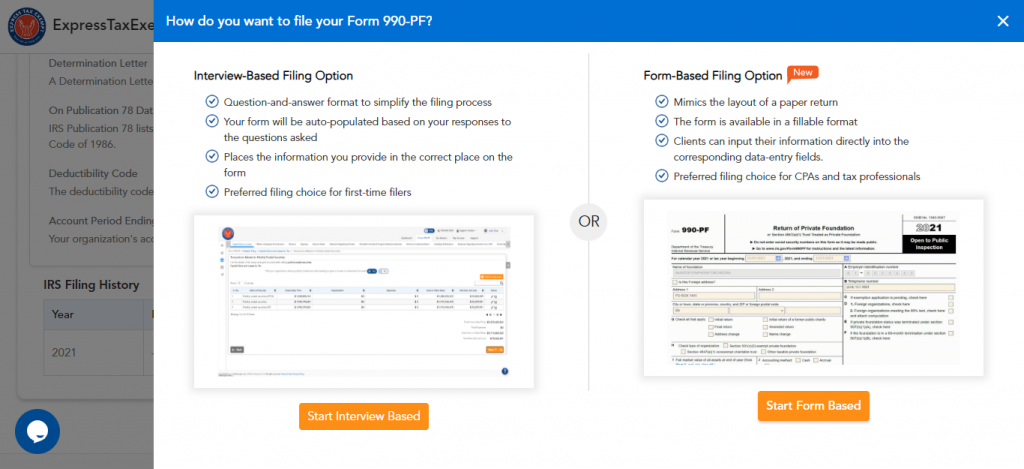 Form-Based Filing and Interview-style filing of Form 990-PF